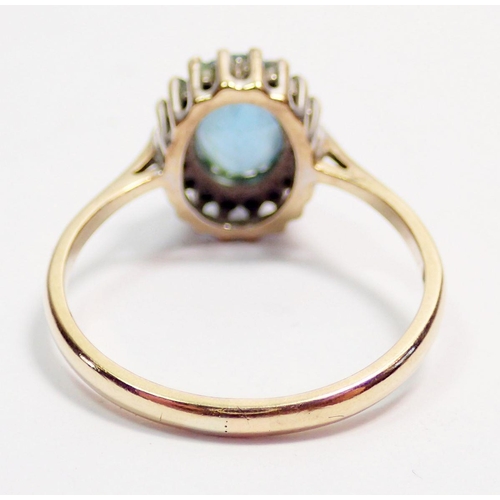 420 - A 9 carat gold cluster ring set blue topaz and diamonds, size O-P, 2.3g