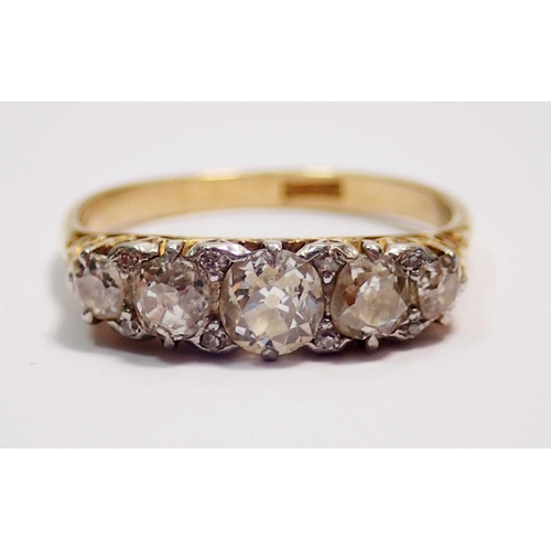 431 - An 18 carat gold five stone diamond ring, size Q, 3.6g, largest stone 4mm