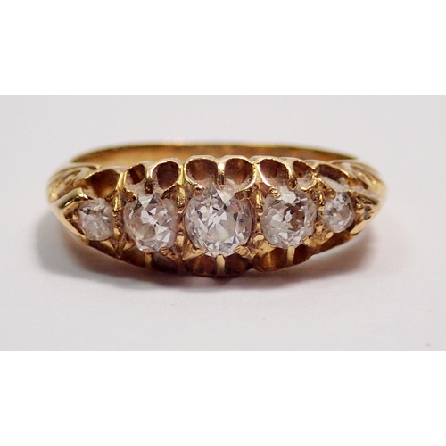 440 - An antique 18 carat gold five stone diamond ring, size I, 3.1g