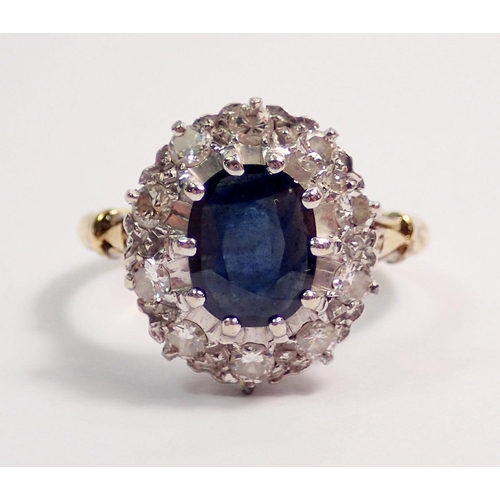 443 - An 18 carat gold sapphire and diamond cluster ring, sapphire 8 x 6mm, size N, 5.2g - boxed