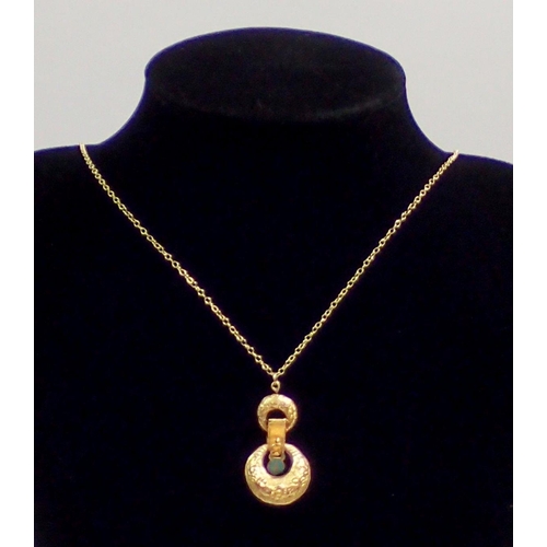 465 - A Victorian gold double hoop pendant on yellow metal chain, total weight 3.2g (unmarked)