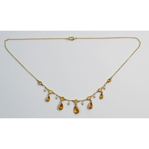 466 - A 9 carat gold necklace suspended citrines and pearls, citrines total weight 4.85 cts, total necklac... 