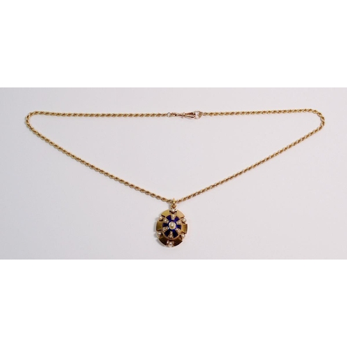 474 - A Victorian gold oval domed pendant with pearl and blue enamel, 2.7 x 2.2cm on 9 carat gold chain, 4... 