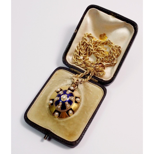 474 - A Victorian gold oval domed pendant with pearl and blue enamel, 2.7 x 2.2cm on 9 carat gold chain, 4... 