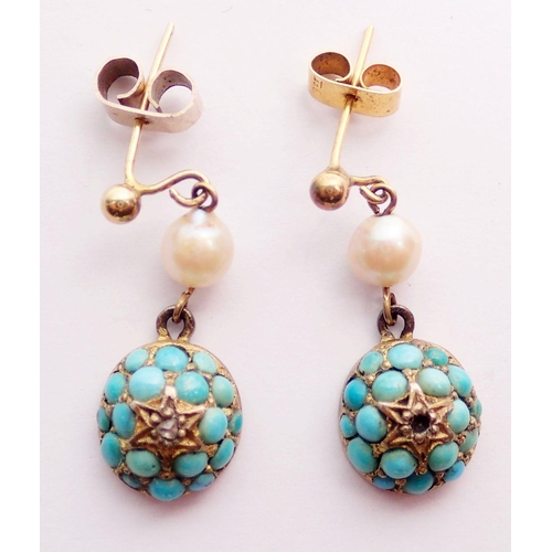 476 - A pair of antique yellow metal turquoise and pearl pendant earrings set chip diamonds (one deficient... 