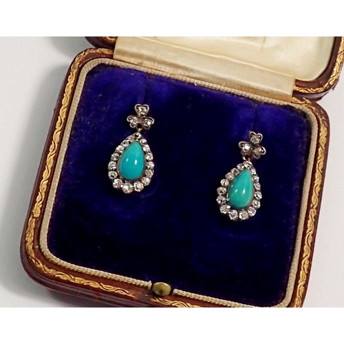 477 - A pair of antique turquoise and diamond pear form drop earrings set in yellow and white metal for pi... 