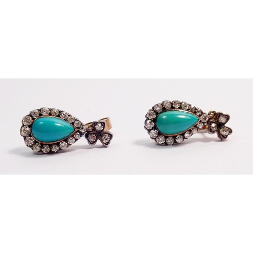 477 - A pair of antique turquoise and diamond pear form drop earrings set in yellow and white metal for pi... 