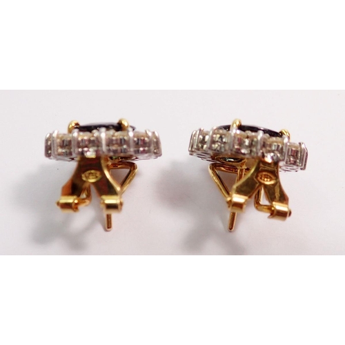 481 - A pair of 18 carat gold sapphire and diamond oval cluster earrings, with pierced clip fittings, 12g,... 