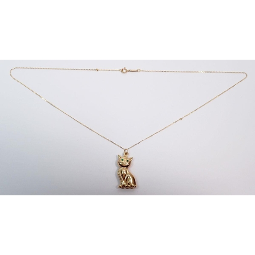 492 - A fine 9 carat gold chain with yellow metal cat pendant 44cm, total weight 2.3g