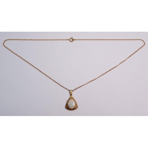 510 - A 9 carat gold opal set triangular pendant necklace on 9 carat gold chain, 2.8cm drop