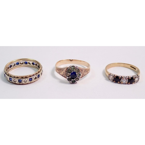 526 - A 9 carat gold ring set sapphires and white stone, a similar eternity ring and a yellow metal antiqu... 