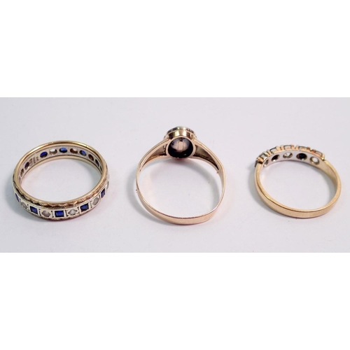 526 - A 9 carat gold ring set sapphires and white stone, a similar eternity ring and a yellow metal antiqu... 