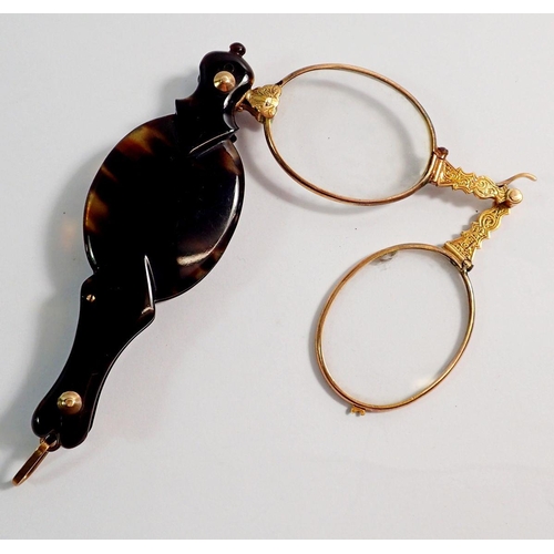 591 - A tortoiseshell and 15ct gold pair of lorgnettes, 8.5cm when closed