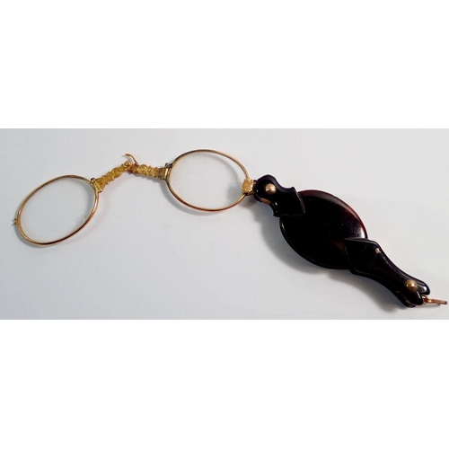 591 - A tortoiseshell and 15ct gold pair of lorgnettes, 8.5cm when closed