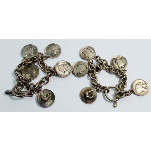 622 - Two white metal heavy charm style bracelets with historical medallion style charms