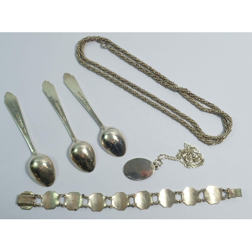 625 - A Siam niello silver bracelet, a silver knitted necklace and white metal pendant plus three silver n... 