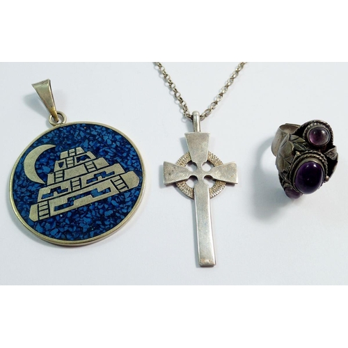 628 - An Ola Gorie OMG silver crucifix and chain 12g, a vintage Mexican sterling 925 silver and amethyst r... 