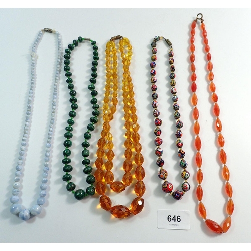 646 - A Venetian glass bead necklace, malachite necklace and three other necklaces