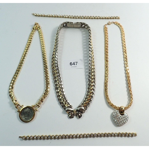 647 - Three gold plated costume necklaces and two bracelets