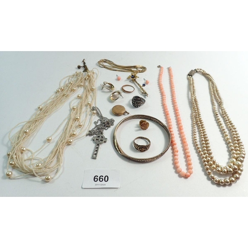 660 - A box of costume jewellery including silver marcasite ring, coral necklace and earrings etc.