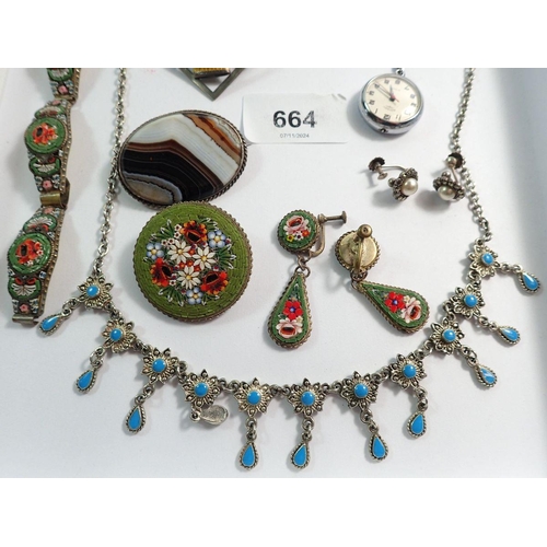 664 - A group of various costume jewellery including Italian micro mosaic bracelet, brooch and earrings et... 