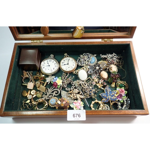 676 - A box of costume jewellery and two plated pocket watches in wooden box