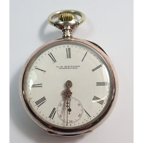 693 - A gents open faced keyless pocket watch, the jewelled movement stamped with Omega logo in white meta... 