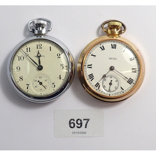 697 - Two mechancial pocket watches, an Ingersoll watch in chrome case and a Smiths in gold plated case