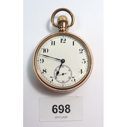 698 - An open faced keyless pocket watch in a gold plated Dennison case, Arabic dial and 15 jewel movement