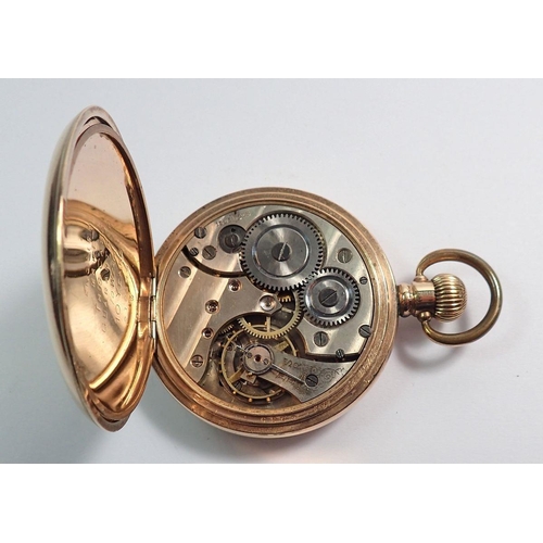 698 - An open faced keyless pocket watch in a gold plated Dennison case, Arabic dial and 15 jewel movement