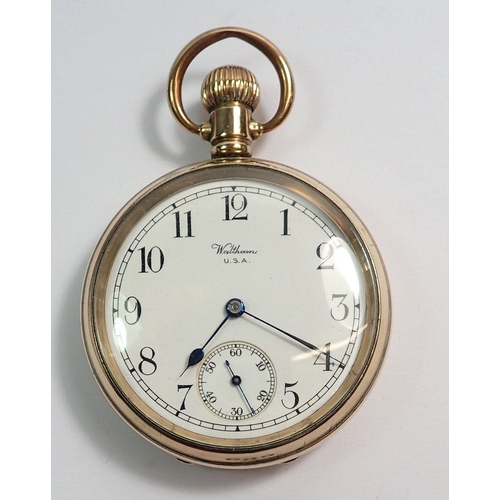 699 - An open faced Arabic dial Waltham USA 9 jewel keyless pocket watch in gold plated Dennison case