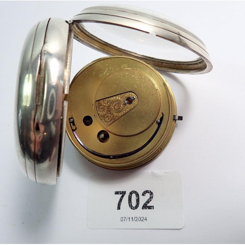 702 - A silver fusee pocket watch signed D Evans, Aberystwyth with enamel Roman dial