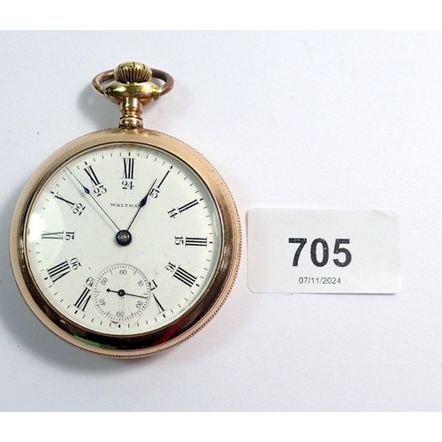 705 - An American Waltham Watch Co. gold plated keyless pocket watch, 15 jewels with screw back case