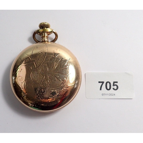 705 - An American Waltham Watch Co. gold plated keyless pocket watch, 15 jewels with screw back case