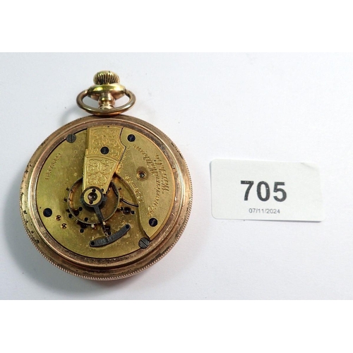 705 - An American Waltham Watch Co. gold plated keyless pocket watch, 15 jewels with screw back case