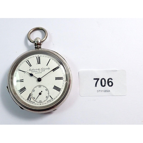 706 - A Kendal & Dent keywound silver 935 pocket watch, the dial inscribed Maker to the Admirality