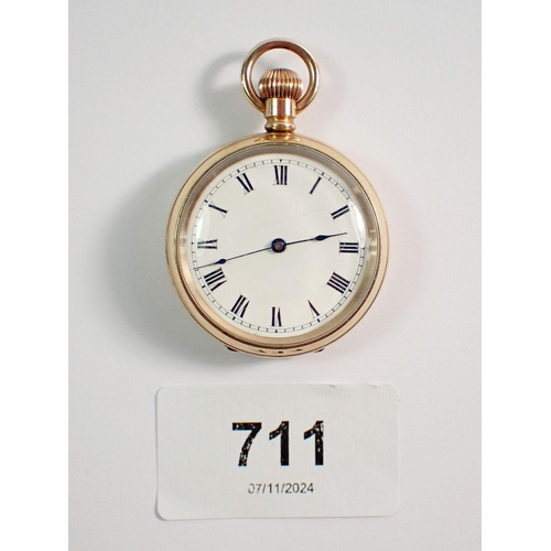 711 - An open faced small keyless pocket watch with Roman dial in gold plated 'Star' case inscribed Americ... 