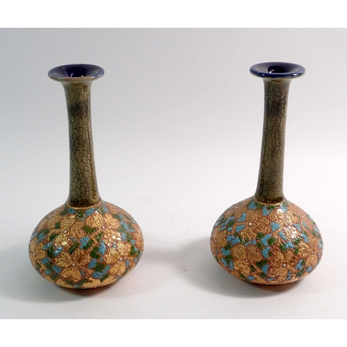 73 - A pair of Royal Doulton Slaters Patent stem vases No 6436 with gilt turquoise and green decoration, ... 