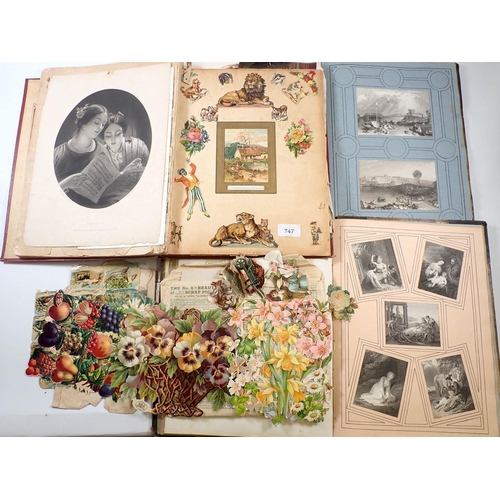 747 - A Victorian decoupage scrap book, two other scrap books filled with engravings etc.