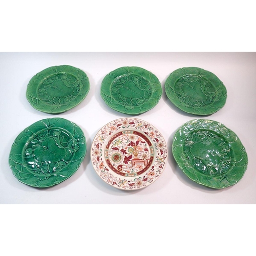 76 - Five Victorian green Majolica leaf plates and an Ashworth's ironstone plate, 23.5cm