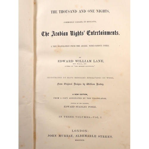 770 - The Thousand and One Nights, Edward William Lane, illustrated three volumes published by John Murray... 