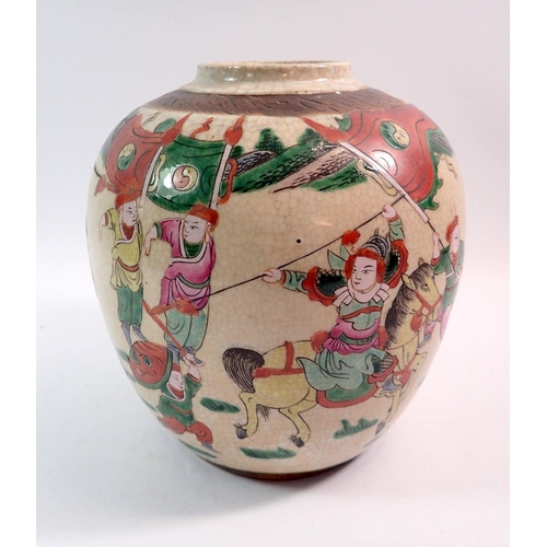 78 - A Japanese satsuma ginger jar painted warriors - no lid, 22cm tall