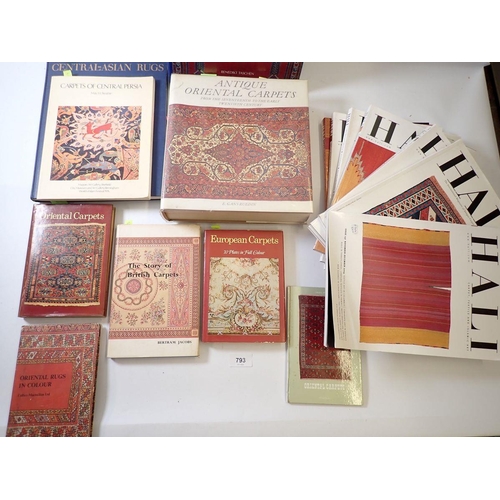 793 - A box of books on antique carpets and rugs and nine various hall carpet and rug catalogues