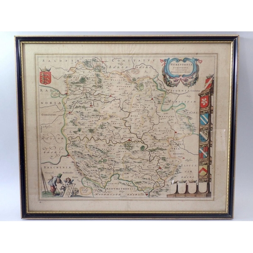 798 - A 1645 Blaeu map of Herefordshire with original hand colouring, 40 x 49cm