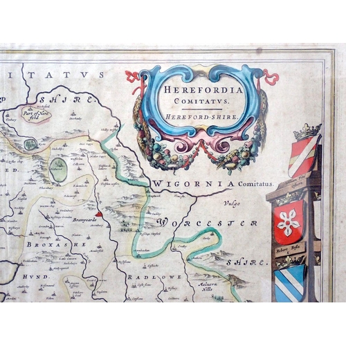 798 - A 1645 Blaeu map of Herefordshire with original hand colouring, 40 x 49cm