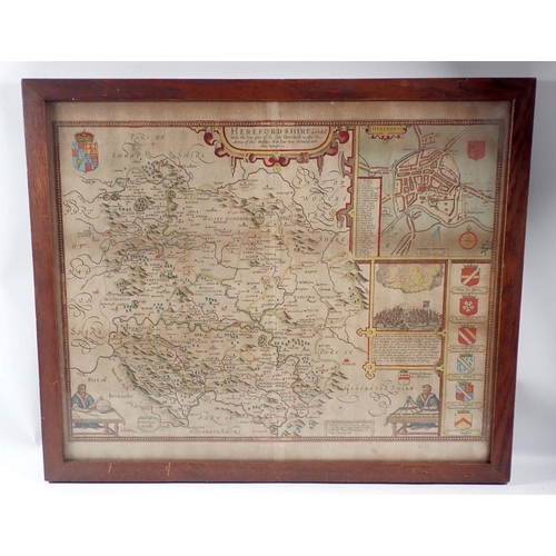 799 - An early hand coloured John Speed map of Herefordshire, 38 x 51cm