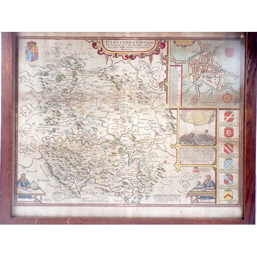 799 - An early hand coloured John Speed map of Herefordshire, 38 x 51cm