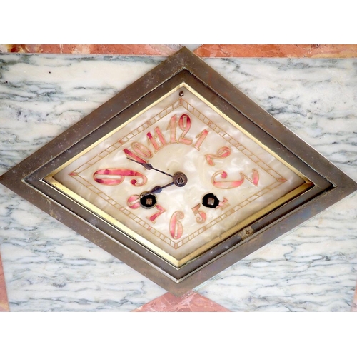 808 - An Art Deco orange and black and white marble clock garniture, clock 32cm wide x 27cm tall