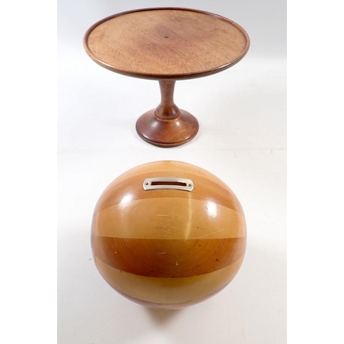 818 - A mahogany tazza, 16cm and a parquetry spherical money box