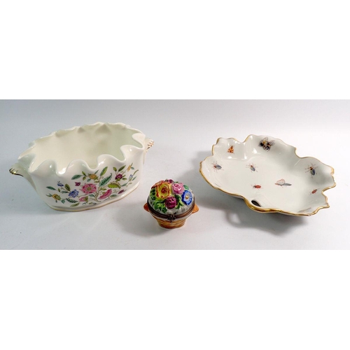 82 - An Ebeling and Reuss Limoges dish painted insects, a Limoge floral basket trinket box and a Minton H... 